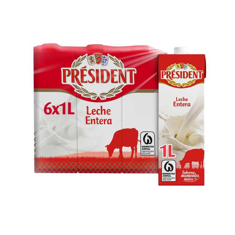 Président - Leche Président Entera, Leche Natural de Galicia, Bienestar Animal, Pack 6 x 1 L (5'35€ con más suscripciones activas)