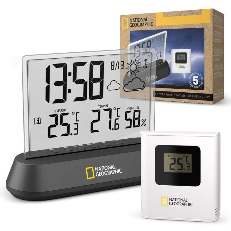 National Geographic Estación meteorológica radiocontrolada con sensor exterior en diseño transparente, con pantalla para temperatura