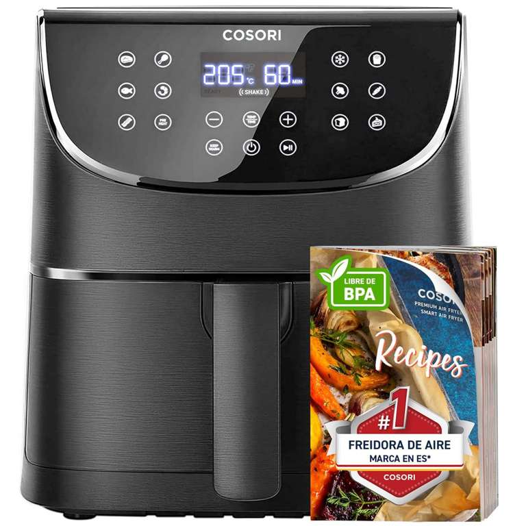 Cosori Freidora de Aire 5,7L Interior Metálico Real, Air Fryer Diseño Antióxido, Tecnología Calefacción Uniforme, 40 Recetas