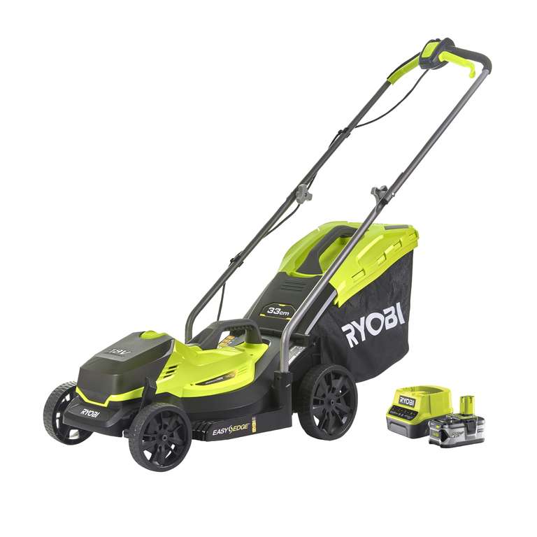 RYOBI - Cortacésped Eléctrico Inalámbrico 18V One+ Ø33cm - Recoge y Mulching - Larga Autonomía - 1 Baterías 4,0Ah y 1 Cargador 2,0A