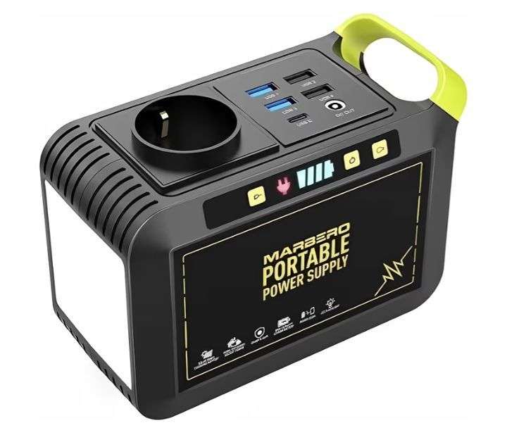 Estación de energía portátil 88Wh con enchufe 230V (120W), generador solar y linterna LED