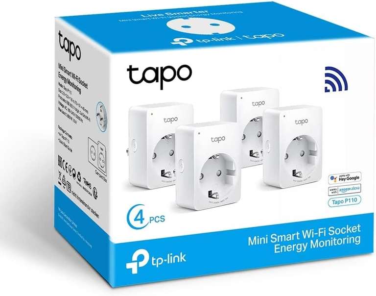 Tapo P110 (4 paquetes) – Mini enchufe inteligente Wi-Fi (con monitoreo de energía), programación encendido/apagado, Alexa y Google Home