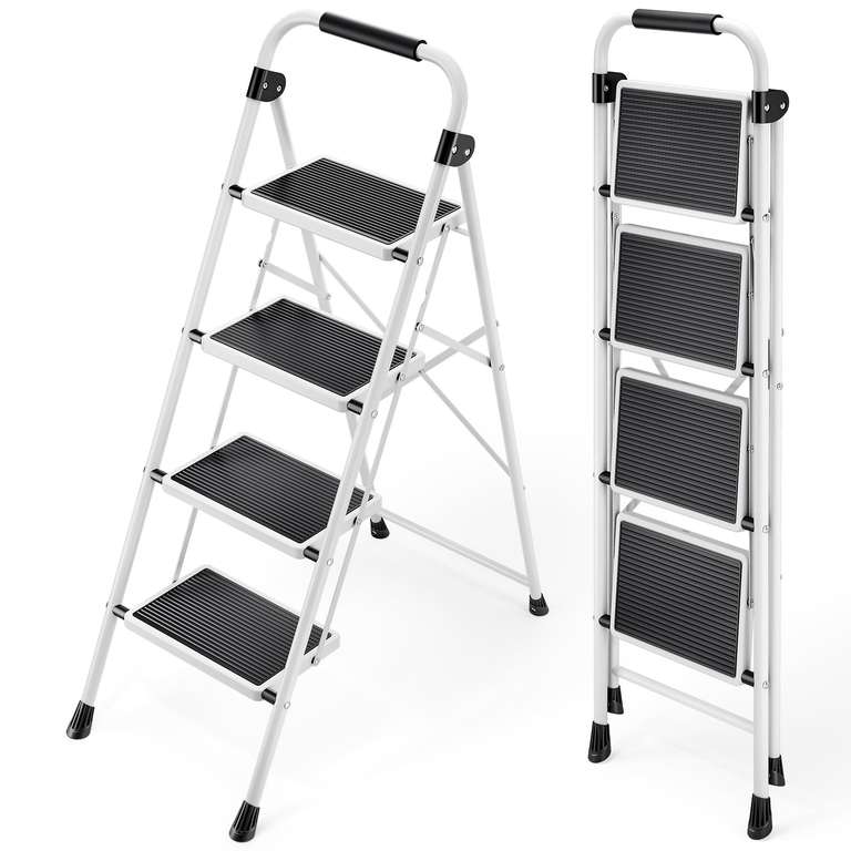 Escalera Plegable 4 Peldaños, Escalera de Tijera con Pedales Antideslizantes Anchos, Barandilla, Escalón Taburete de Acero Portátil