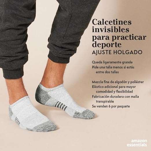 PACK DE 6 Amazon Essentials Hombre Calcetines de Algodón de Alto Rendimiento Acolchados para Hombre, Transpirables y Atléticos que No Se Ven