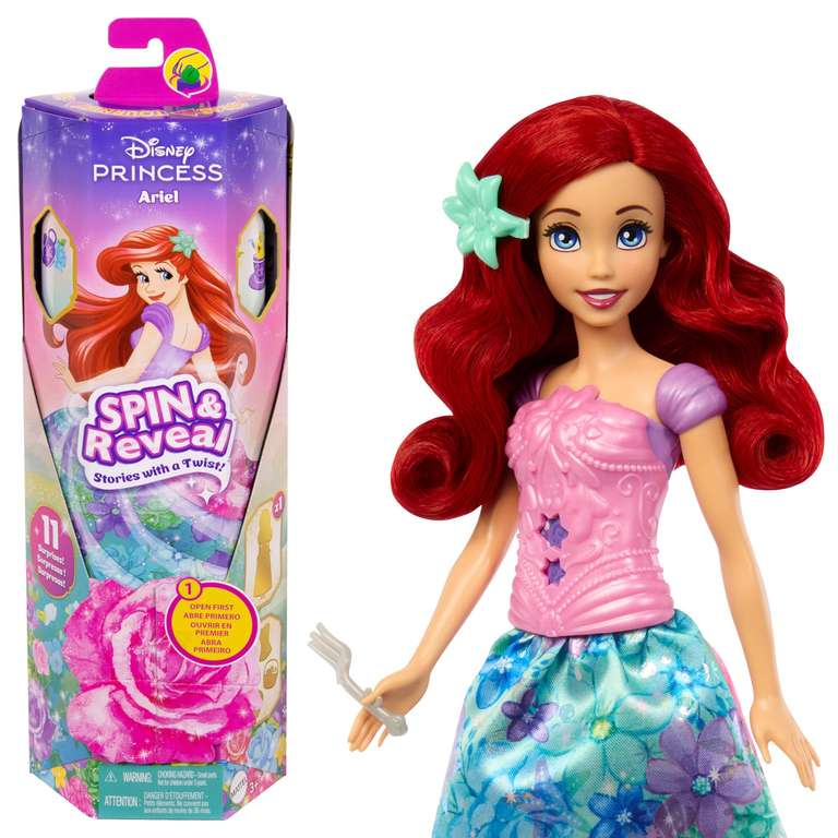 Mattel Disney Princess Spin & Reveal Ariel, Muñeca princesa con falda de flores, incluye 11