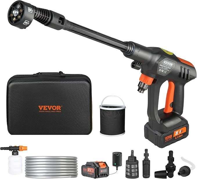 VEVOR Lavadora de Alta Presión con Batería Inalámbrica 21V Limpiador Portátil de Alta Potencia 652PSI 50bar Lavadora Eléctrica 4L