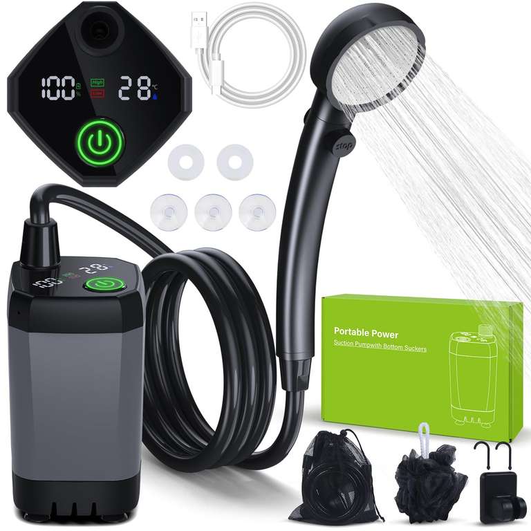 Ducha Portatil Camping, [Pantalla Temperatura] 6000mAh Recargable - INCLUYE BOMBA DE AGUA- HASTA 150 MINUTOS DE USO CONTINUO - Para Camper