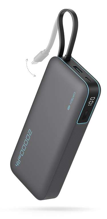 Power Bank 20.000mAh, Batería Portátil con Cable USB-C Integrado, PD 45W powerbank con 1 x USB-A