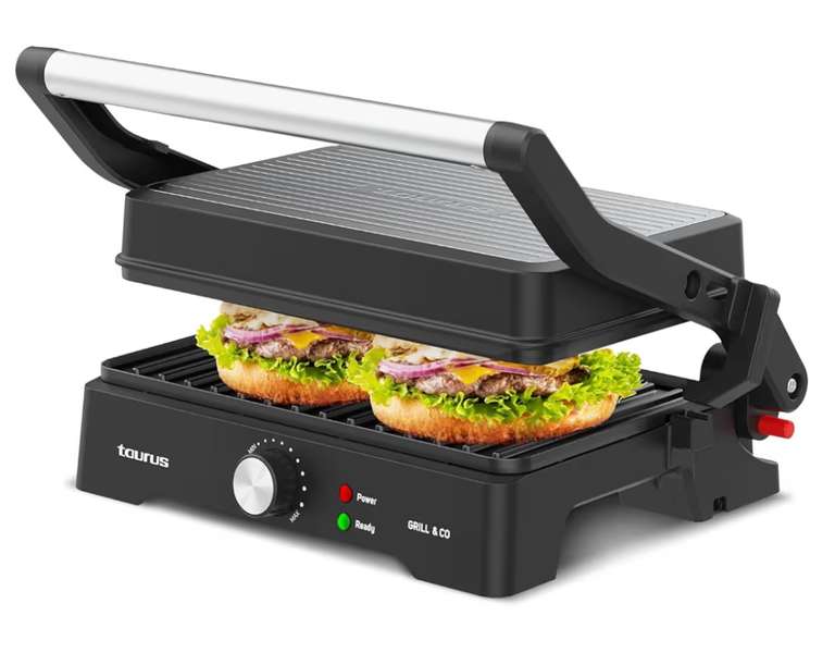 Taurus - Sandwicher Grill&Co GR1500X | 1500W | Placas Antiadherentes 27.5 x 17.3 cm | Tapa Basculante 180º | Termostato Regulable ...