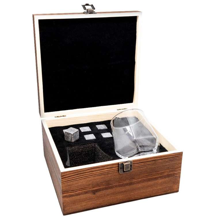 Set Whiskey Caja Madera con Piedras Enfriar y Copas Cristal