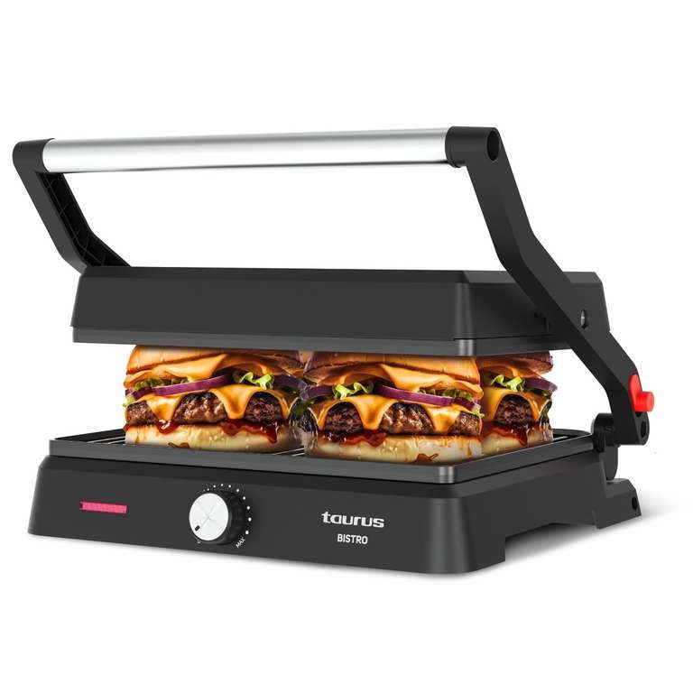 Taurus Bistro - Grill 2600W, Plancha 2 en 1, Apertura 180°, Termostato Regulable