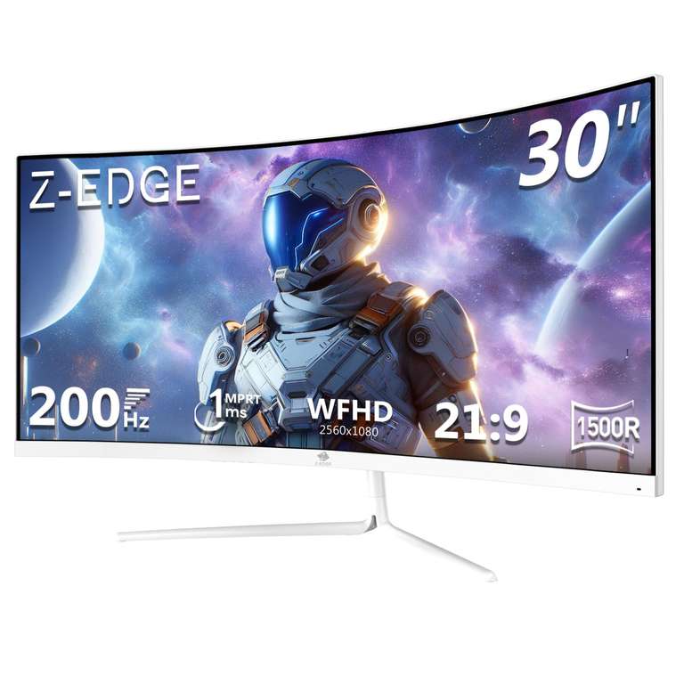 Z-Edge Monitor Gaming Curvo Blanco 30'' 200Hz, 1ms, 2560x1080, FreeSync, Pantalla PC White Ultra Ancho 21:9, Inclinación Ajustable,