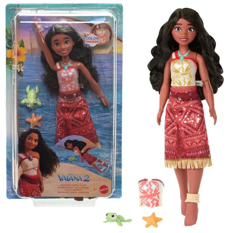 Mattel Disney Vaiana 2 Juguetes, Muñeca de moda Navegante Vaiana nadadora con 2 accesorios, corpiño