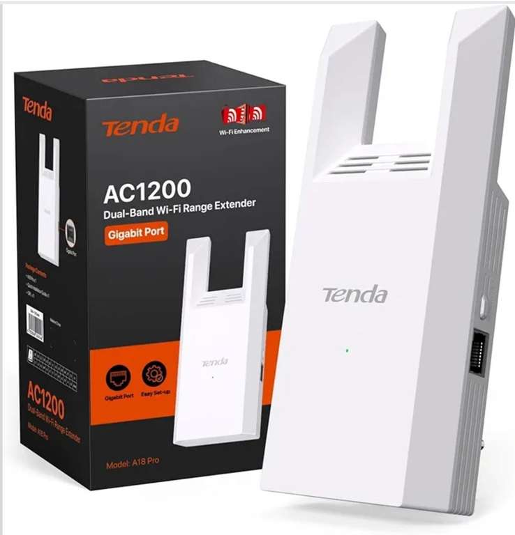 Tenda A18 Pro AC1200 Repetidor WiFi con Puerto Gigabit, Extensor de WiFi Doble Banda 2.4/5 GHz, Amplificador Señal WiFi hasta 150 m²