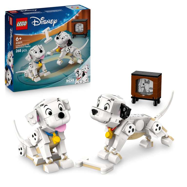 Set LEGO Disney Lucky y Penny 101 Dálmatas 43271 (268 piezas, cachorros articulados, cabeza y patas móviles, niños +6 años, en Amazon)