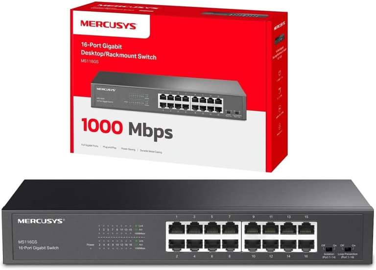 Mercusys MS116GS Switch Gigabit 16 Puertos, Montaje de Escritorio o Bastidor, Plug & Play,