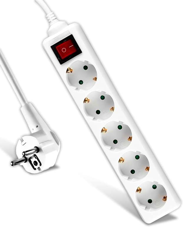 Regleta de 5 Enchufes Schuko 16A | Cable 1,5 m | Interruptor ON/OFF | Base Múltiple Blanca 250V