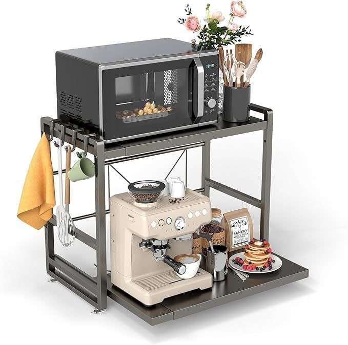 Estante para microondas de 2 niveles, estante de cocina extensible y ajustable en altura con cajón, hecho de acero al carbono,