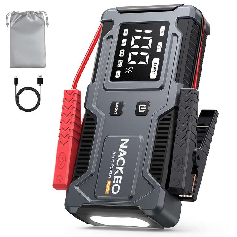 Arrancador de Coches 8000A, 12V (para 9.0L de Gasolina o 7.0L de Diésel) Jump Starter con Cables Integrados, Linterna LED de Emergencia