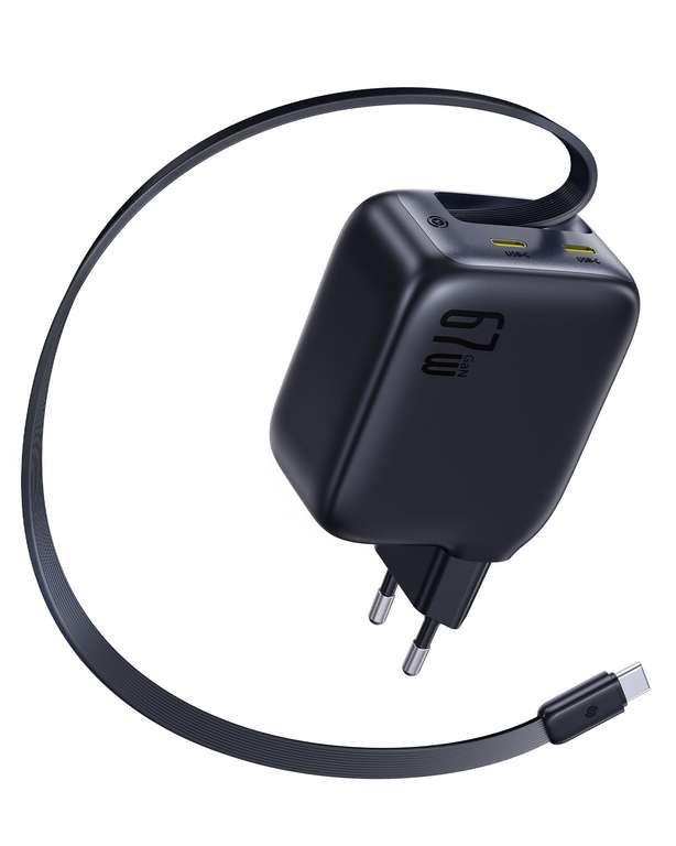 Baseus Enercore cargador USB C de 67W GaN con cable retráctil