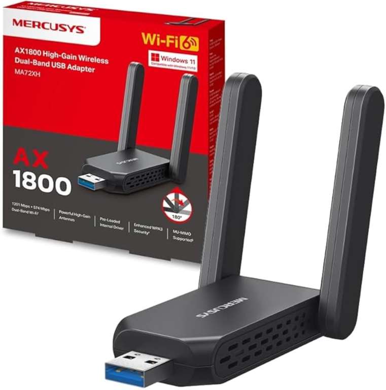 Adaptador USB Wi-Fi 6 AX1800 Mercusys MA72XH (Doble banda, USB 3.0, 2 antenas)