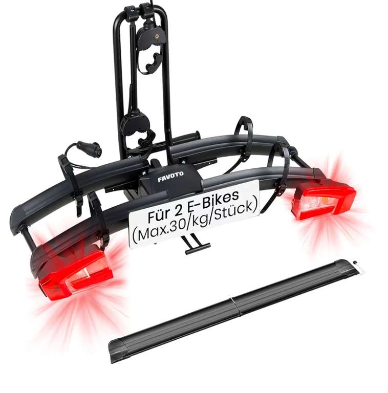 Favoto Portabicicletas E-Bike con Rampa Plegable Soporte de Bola para 2 Bicis (60kg), Aluminio, Antirrobo, Luces 13 Pines Soporte Matrícula