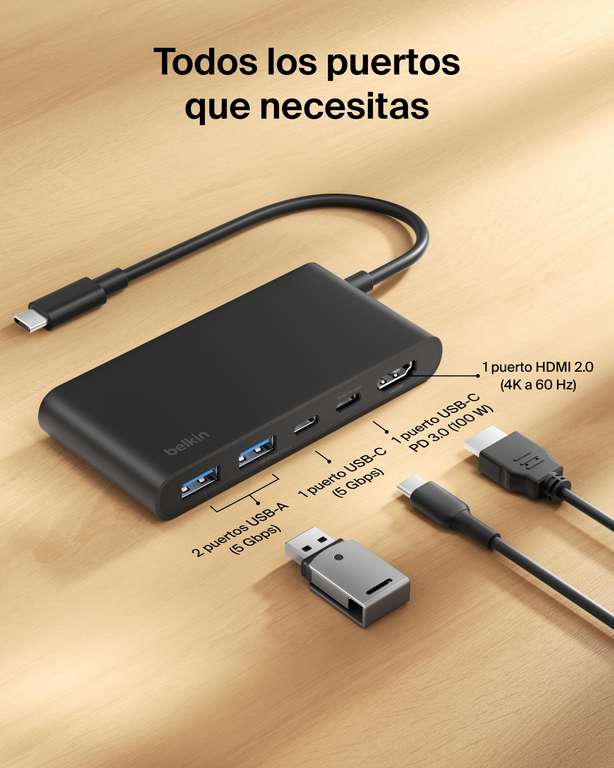 Belkin Hub USB C de 5 Puertos con 1 HDMI 4K a 60 Hz, Power Delivery a 100W, Transferencias de 5 Gbps, Adaptador USB C Multipuerto