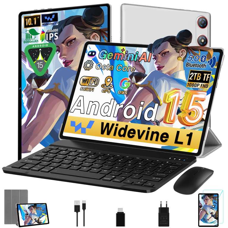 Tablet 10 Pulgadas Android 15, 64GB ROM + 2TB TF, Gemini AI, Octa-Core, 5G WiFi 6, Widevine L1