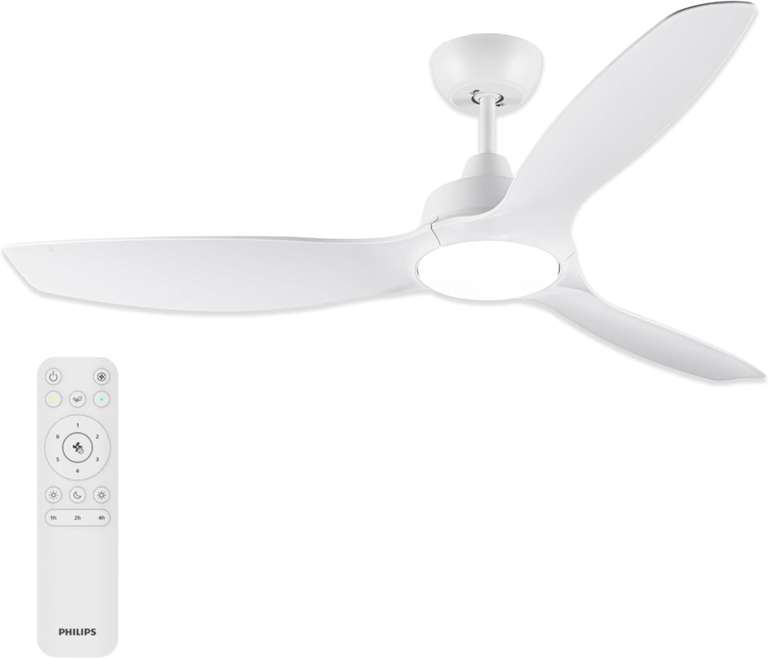 Philips Olas Ventilador de Techo con LED, 3 aspas Fijas, Diámetro 132 cm, Luz Blanca de 3000 K a 6500 K, Mando a Distancia Incluido, Blanco