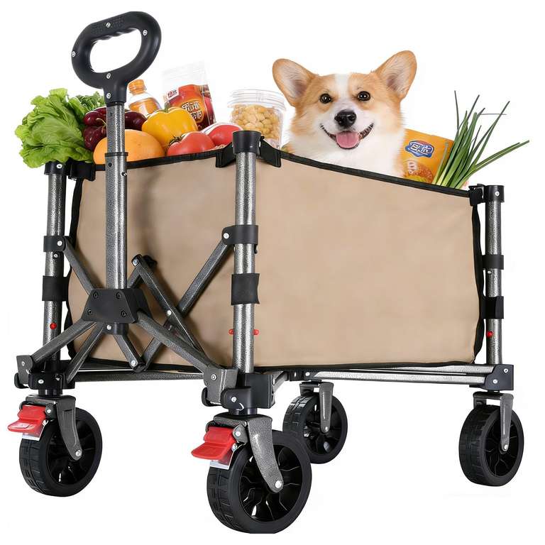 Carro Playa Plegable con Ruedas, 70L, Diseño Compacto, Caqui